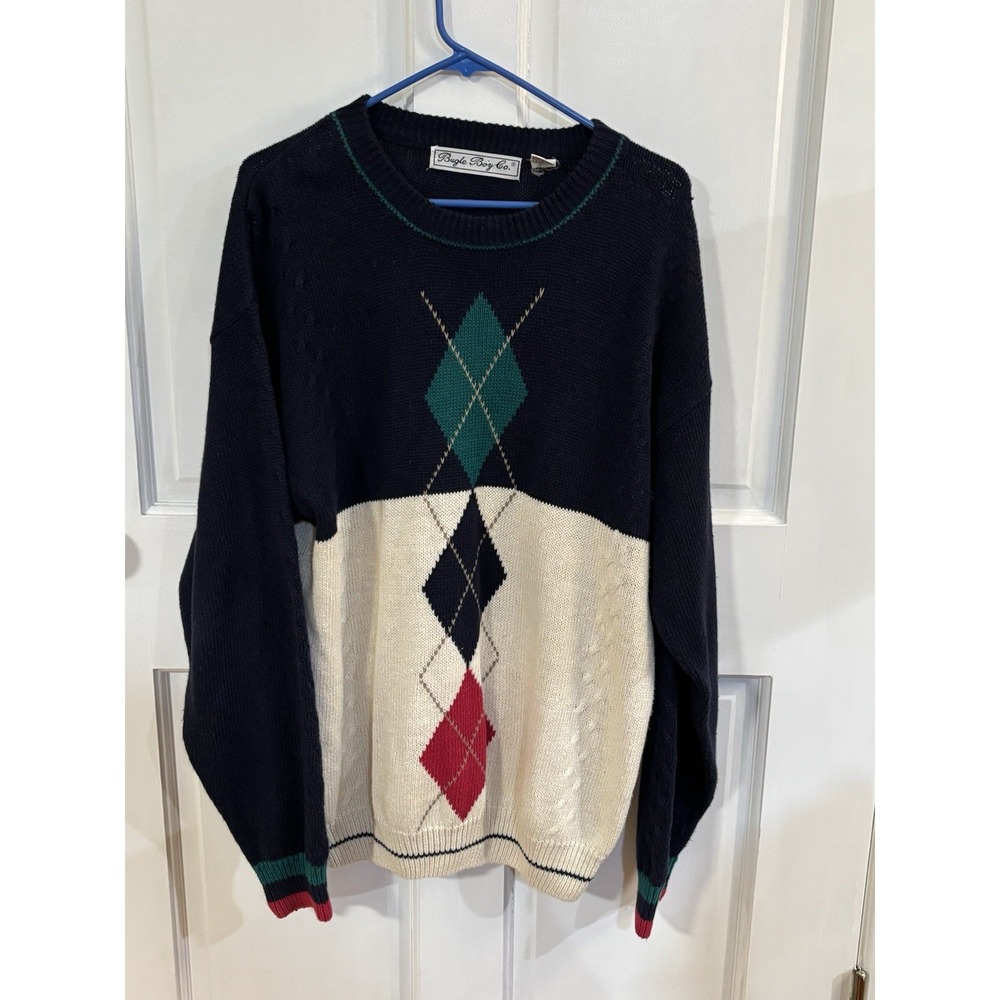 Vintage Bugle Boy Argyle‎ Sweater Baggy Large RN 63925